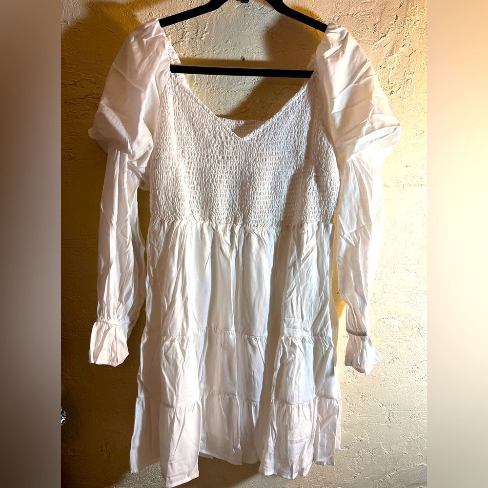 NWOT White Long Sleeve Smocked Dress summer ballet core beach smocking detail
